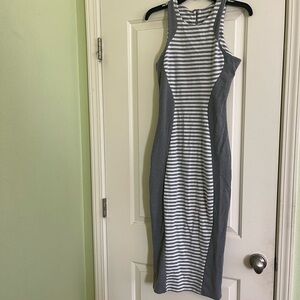 Poof Couture Gray & White Striped Midi Bodycon Dress